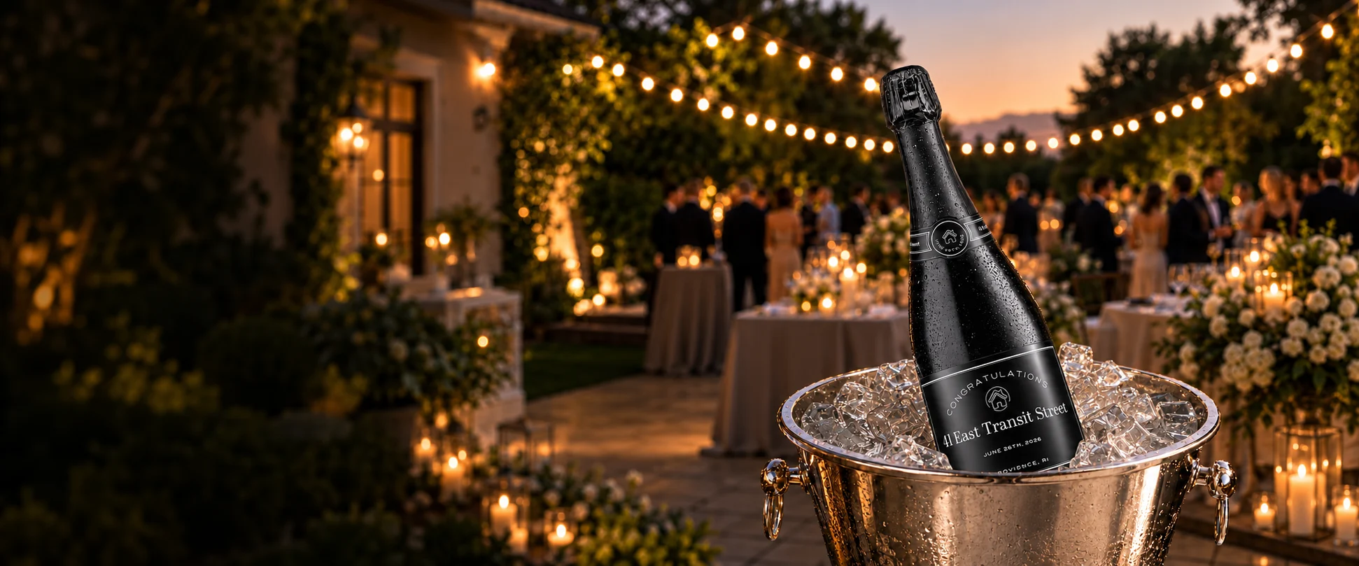 A personalized label turns champagne into a celebration of their new home